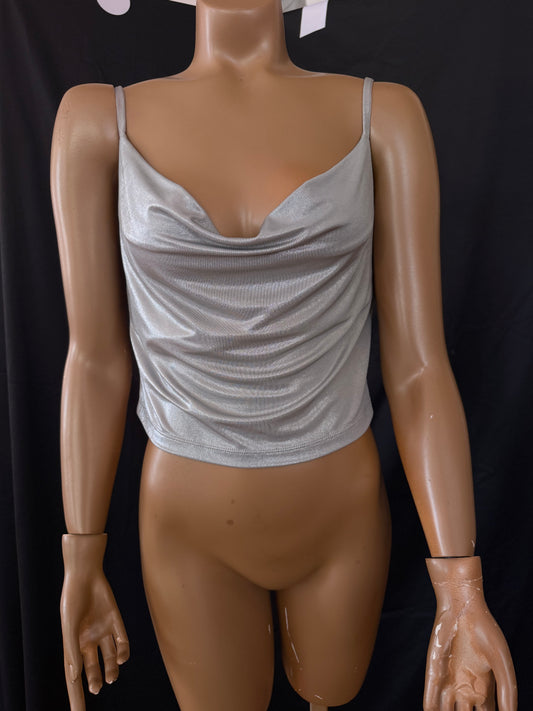 Silver Metalic Swoop Neck Tank Top