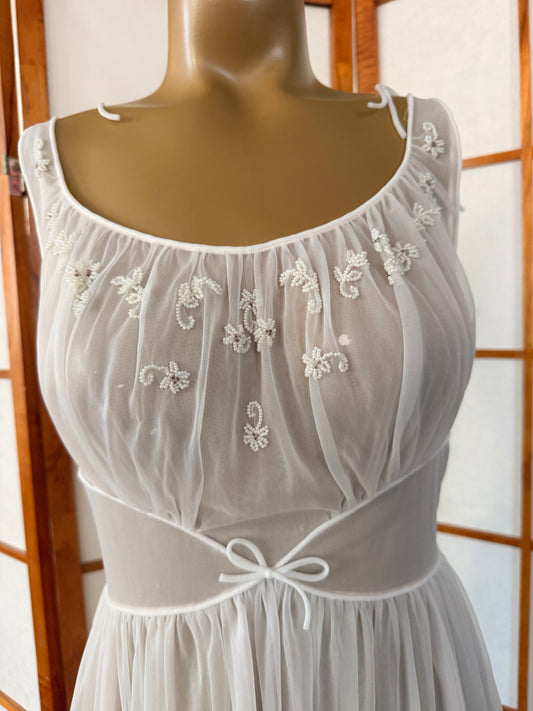 Vintage 1950s Carter's DuPont Nylon Nightgown Sheer White Embroidered Lingerie Dress