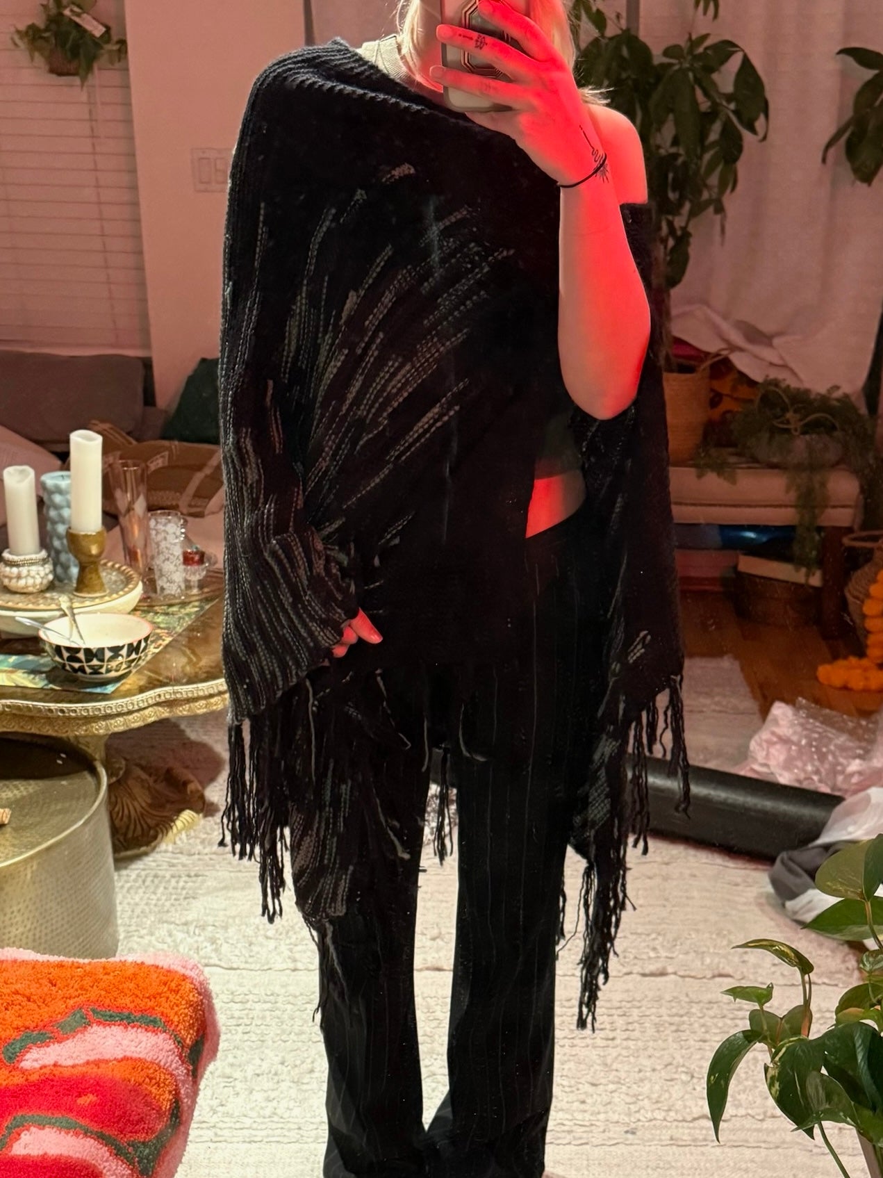 Black Fringe Sweater Poncho