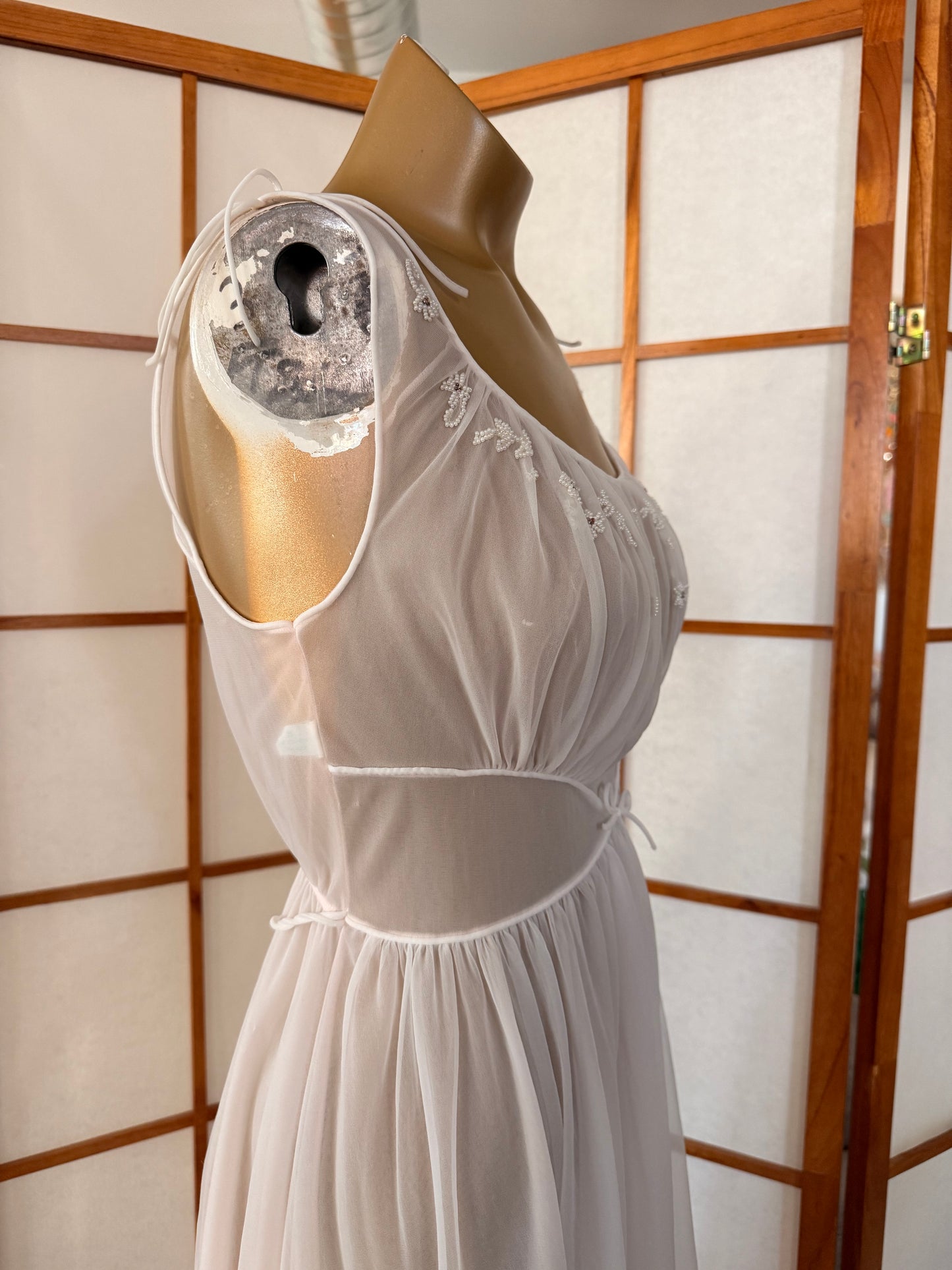 Vintage 1950s Carter's DuPont Nylon Nightgown Sheer White Embroidered Lingerie Dress