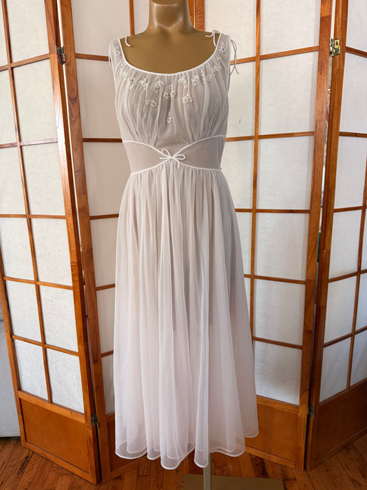 Vintage 1950s Carter's DuPont Nylon Nightgown Sheer White Embroidered Lingerie Dress